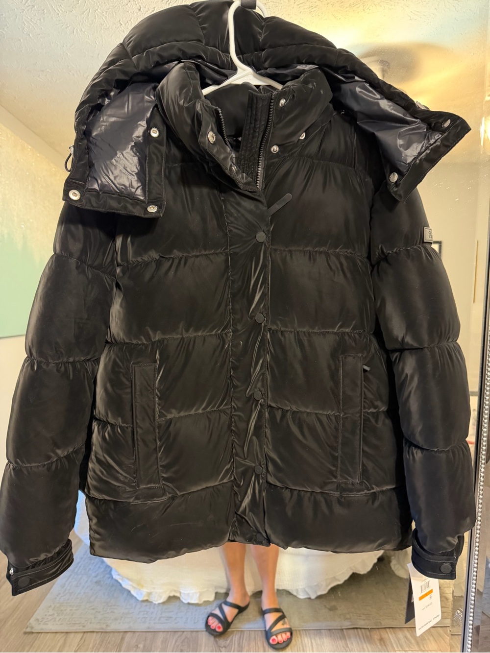 DKNY Black Quilted Puffer Coat with Removable Hood